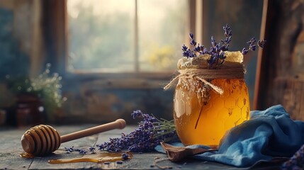 A jar of honey with lavender decoration stands on a table. There is a honey dipper, old scissors, and a blue cloth nearby.