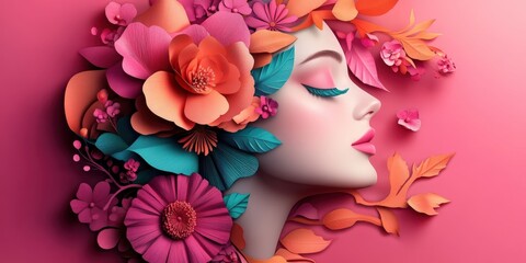 Naklejka premium Celebrating international women's day artistic portrait of woman with floral elements vibrant colors 8 march theme