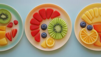 A photo of different fruits and vegetables foods in plates Creative food for children