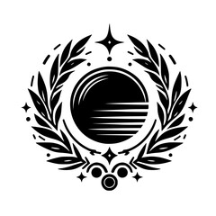 Celestial Circle: A monochromatic emblem of a laurel wreath around a stylized sun, and stars, stars, creating a symmetrical design on white background.