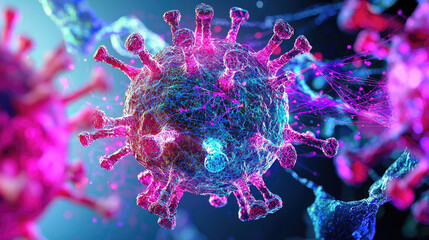 Colorful microscopic view of a virus interacting with cells in a vibrant digital environment