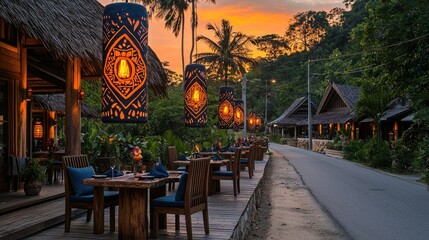 Obraz premium Tropical Restaurant Sunset Dinner Setting With Ornate Lanterns