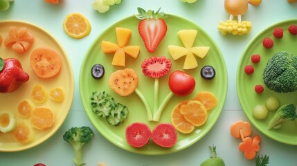 Fototapeta premium A photo of different fruits and vegetables foods in plates Creative food for children