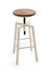 Industrial-style adjustable bar stool with a wooden seat and a white metal frame, isolated on a...