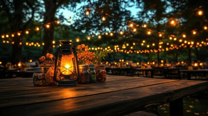 Obraz premium Lantern Lights Outdoor Evening Rustic Table Setting