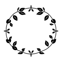Elegant circular floral wreath design, black ink on a white background.