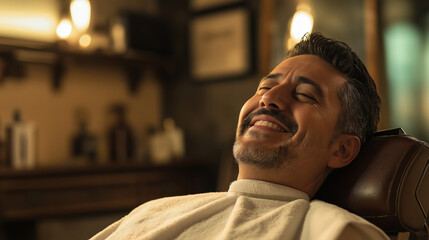 Smiling Latino man enjoying a hot towel treatment at a vintage barbershop with dark wood accents, capturing a moment of relaxation and self-care