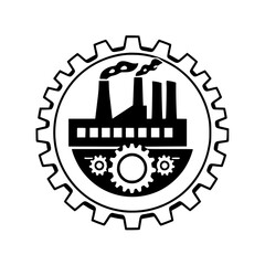 Industrial factory logo within gear cog design. Black and white minimalist style.