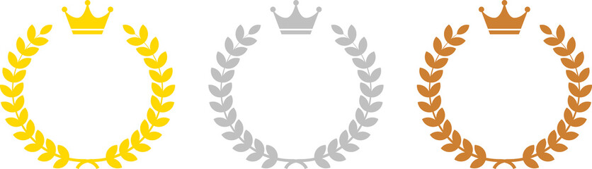 Number one, Number 2, Number 3, gold, silver, bronze crown laurel banner icon illustration white background