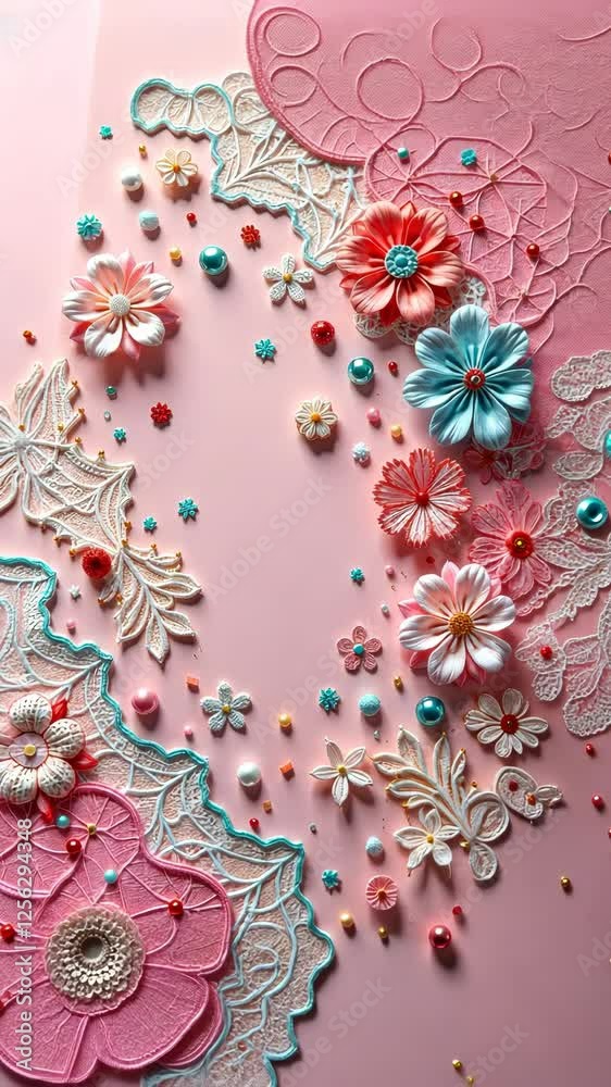 Poster a pink background with a flowery border. the flowers are in various colors and sizes. there are also