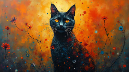 Surreal colorful painting with black cat on abstract flower field