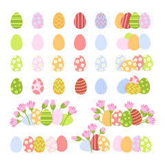 Set of pastel Easter eggs, egg arrangements and spring flowers