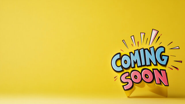 Colorful cartoon style typography promoting upcoming content in a fisheye angle with minimalist design on vibrant yellow background