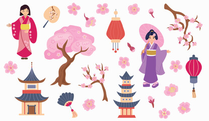 Hanami set with Japanese girls, cherry blossoms, houses, lanterns and fans. On a white isolated background
