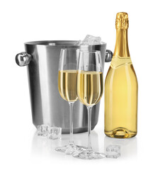 Champagne and bucket with ice isolated on white