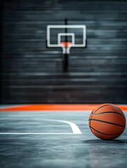 Basketball Court with Hoop and Ball in Focus