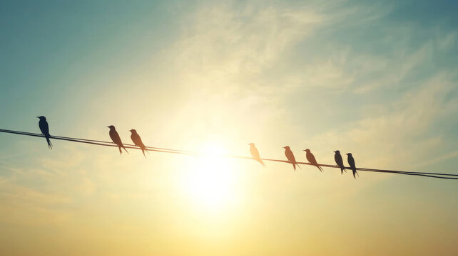 Flock of swallows aligned on wires against a clear sky with wispy clouds at sunset, creating a serene and minimalist scene - Powered by Adobe