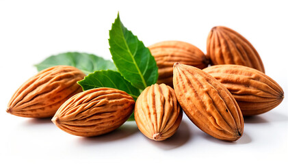 Almonds nut with leaves isolated on white background They are highly nutritious and rich in healthy fats or High-density lipoprotein HDL cholesterol antioxidants vitamins and minerals