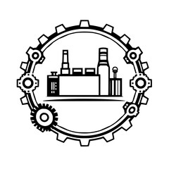 Naklejka premium Industrial Factory encircled in Gears, representing industry and manufacturing, with a minimalist and technical style.