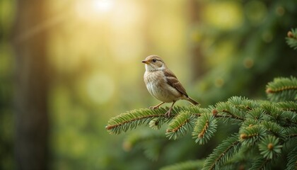 Cute bird perched on pine branch in warm sunlight surrounded by lush greenery