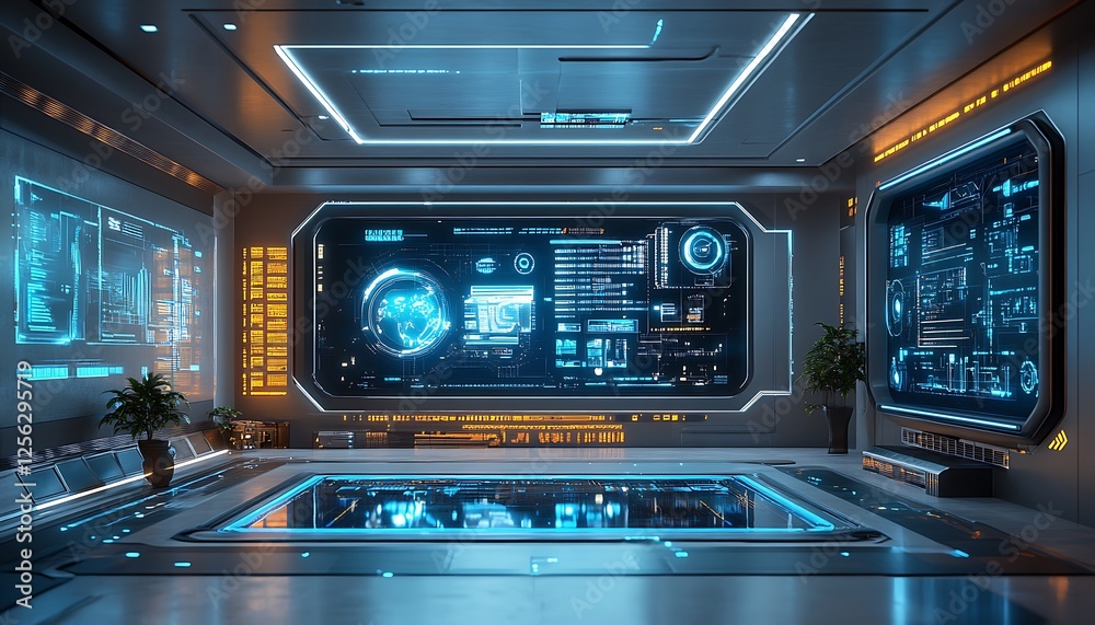 Aufkleber futuristic control room with large digital screens displaying data and interfaces.