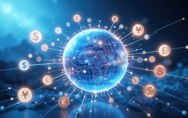 Digital globe with glowing digital currency lines connecting major financial hubs, space-like abstract background, various national currency symbols integrated into the network, Central Bank Digital C