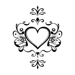 Intricate black and white digital illustration of a heart-shaped ornament, featuring a delicate border and floral embellishments.