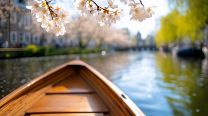 Obraz premium Romantic canal view with a wooden boat gliding gently beneath cherry blossom branches in springtime sunlight