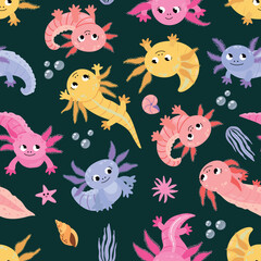 Seamless pattern with axolotl. Design for fabric, textile, wallpaper, packaging	