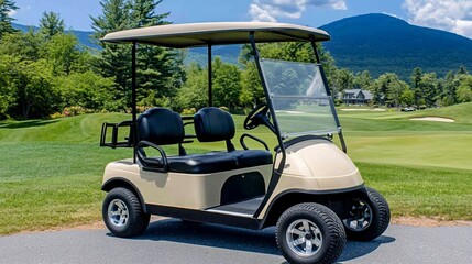 Beige golf cart on paved path, scenic mountain background, countryside golf course