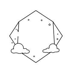 Abstract geometric black and white illustration of clouds, stars, and a unique shape.