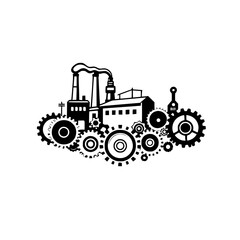 Factory silhouette depicting industrial machinery, gears, and smokestacks, in a black and white, minimalist style.