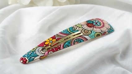Colorful patterned hair clip on white background