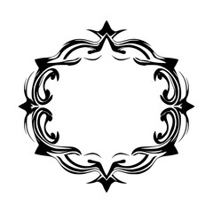 Intricate black and white ornamental frame on a white background, a symmetrical design with abstract floral elements.