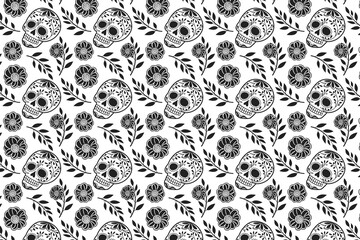 Mexican Folk art with Sugar Skulls and Flowers Seamless Pattern Vector Illustration