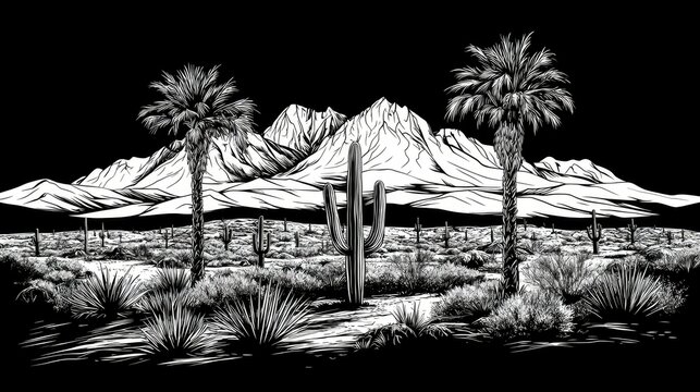 Desert Landscape with Cactus and Palm Trees