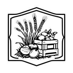 Grain Harvest Emblem: Illustrative depiction of wheat, fruits and nuts, in monochrome graphic style.