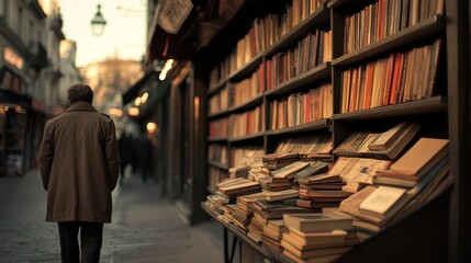 Obraz premium Man walks past Parisian bookstore; books displayed outdoors; city street background; for travel/literature websites
