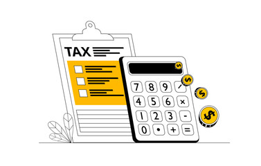 Calculator and tax form. Vector illustration on the topic of taxes and personal finance. Modern vector illustration in linear style.
