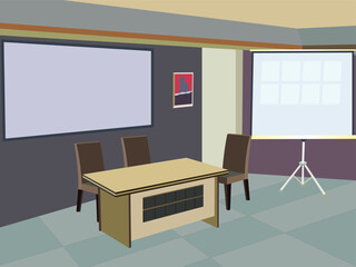 Modern conference room with wooden desk, chairs, whiteboard, and projector screen - 3d render vector illustration