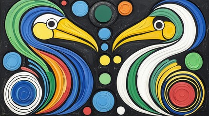 Fototapeta premium Colorful Birds Abstract Art Piece Featuring Layered Curves