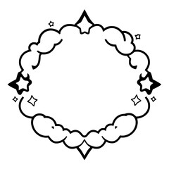 Decorative black and white frame with stars, cloud-like border and simple, stylized design.