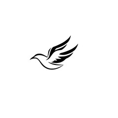 Minimalist representation of a bird in flight, black and white style, on a white background.