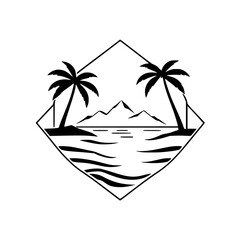 Tropical landscape within a diamond frame, with mountains, palm trees, and water reflection in black and white.