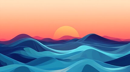 Abstract Sunset Over Rolling Blue Waves Landscape