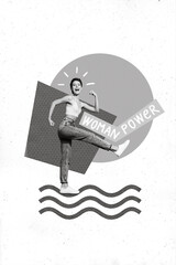 Vertical creative collage image of funny funky cheerful young active energetic lady walking go step woman power feminism activist right