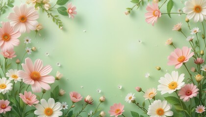 Spring Background with Fresh Flowers, Light Green Tones, and Nature-Inspired Designs – Perfect for Seasonal Projects, Invitations, Social Media Graphics, and Wellness Marketing-