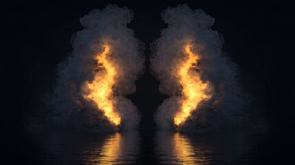 Twin plumes of fiery energy rise from dark watery surface reflecting in water scene evokes sense of power and mystery