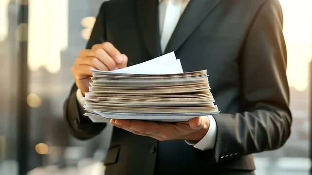 Businessperson Holding Stack of Invoices and Bills for Accounting