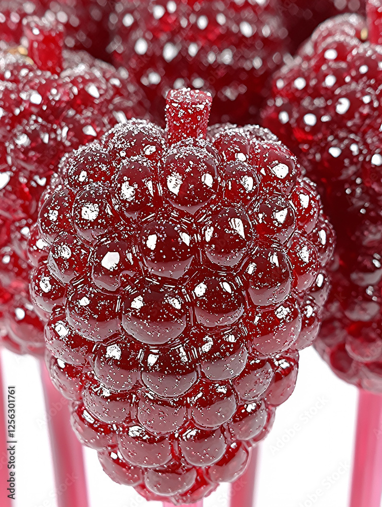 Sticker Close-up of red, round, candy berry clusters with sugary coating on pink sticks.